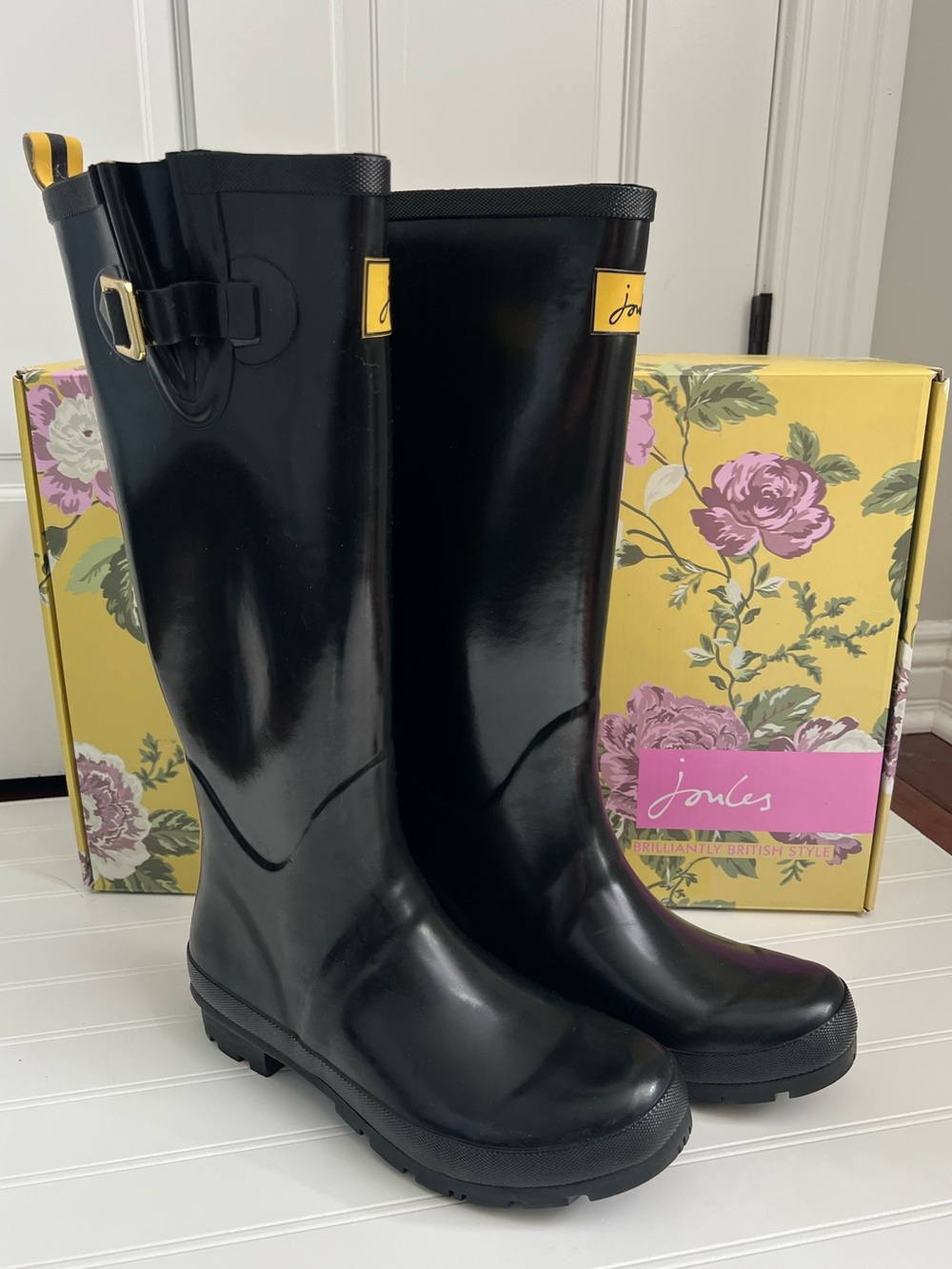 NIB Anthropologie Joules Black Gloss Field Welly Rain Boot Women's Size 9